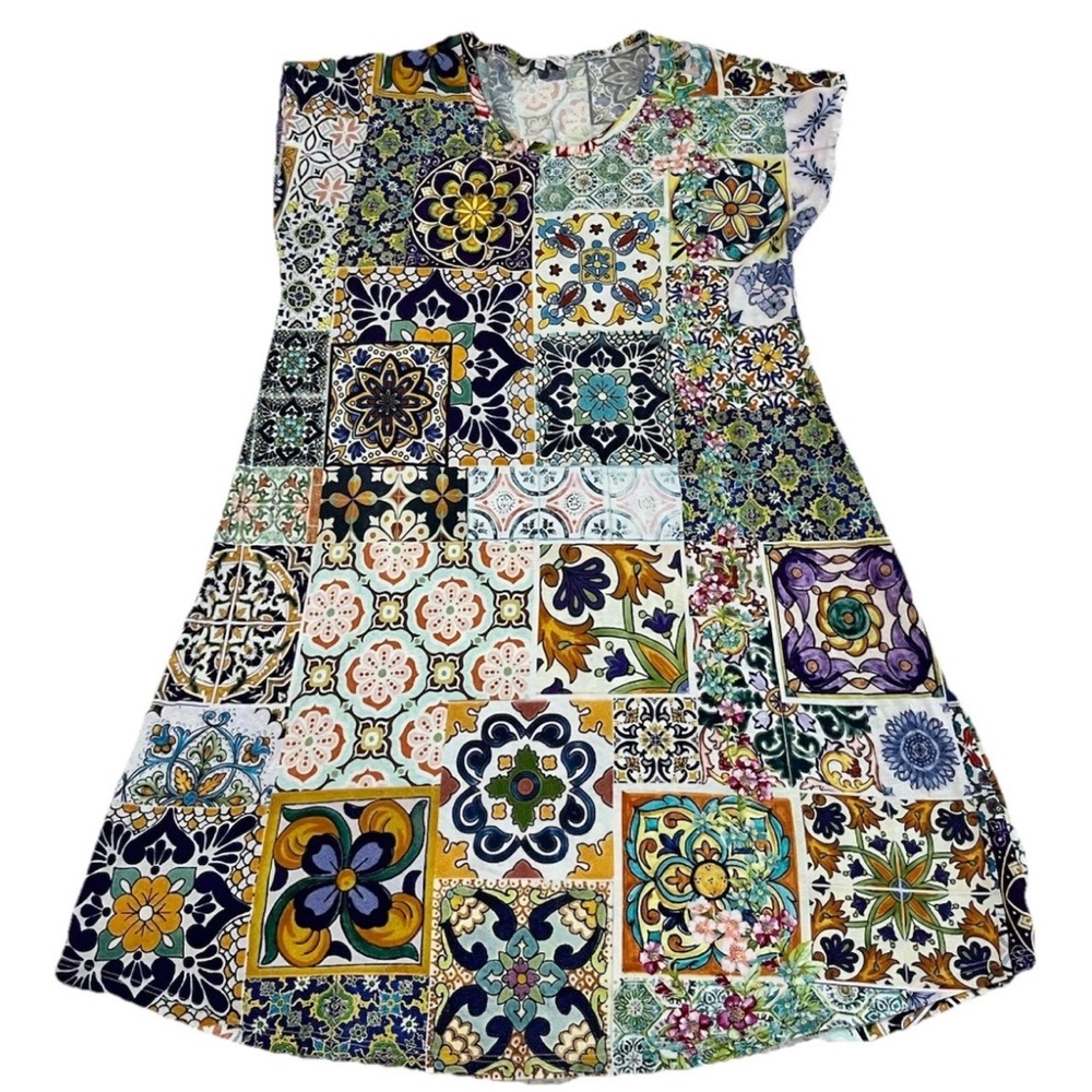 Johnny Was Beautiful Tile Print T-shirt Shift Pullover Dress Medium
